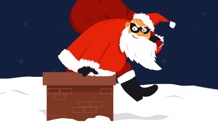 robber disguised as Santa Claus stepping out of a chimney
