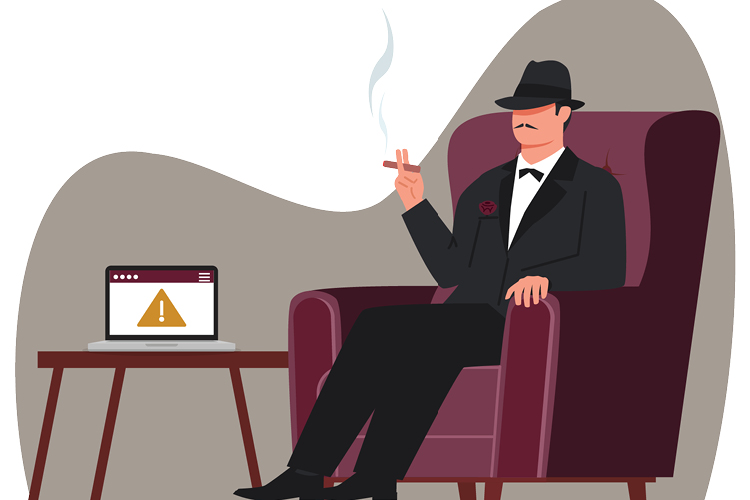 animated graphic of a well-dressed man smoking a cigar sitting next to a table with a laptop that has a warning sign on its screen