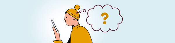 animated graphic of a person in a yellow hat looking at a device with a thought cloud that has a question mark